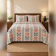 Coral Woodblock Rose and Stripe Quilt Set