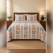 Coral Woodblock Rose and Stripe Quilt Set, front rose garden bedroom view