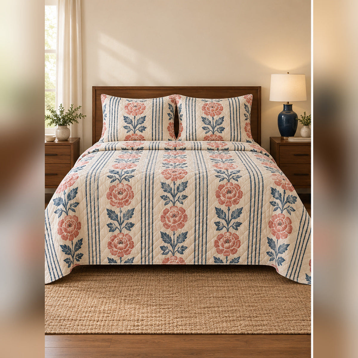 Coral Woodblock Rose and Stripe Quilt Set, front rose garden bedroom view