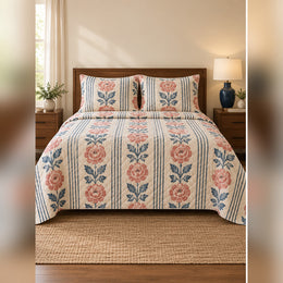 Coral Woodblock Rose and Stripe Quilt Set
