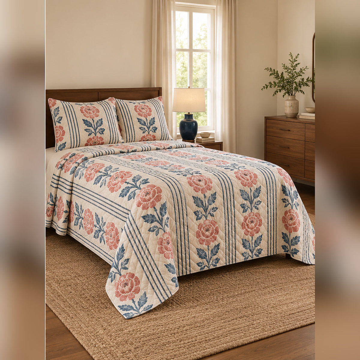 Coral Woodblock Rose and Stripe Quilt Set, angled rose garden bedroom view