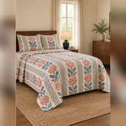 Coral Woodblock Rose and Stripe Quilt Set, angled rose garden bedroom view