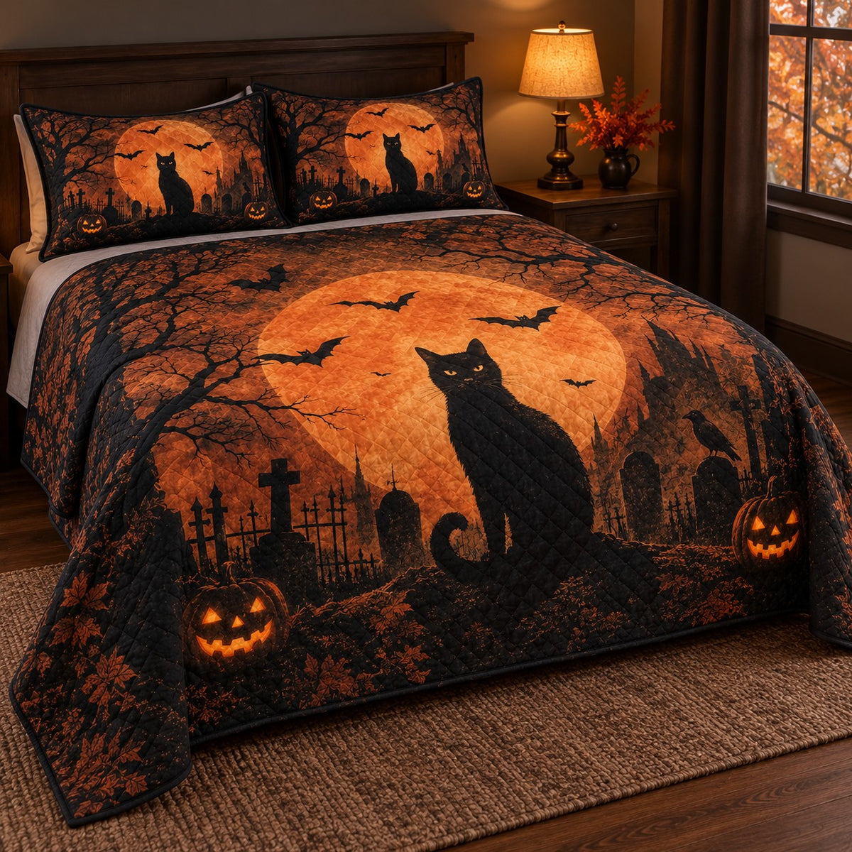 Halloween Black Cat Moon Quilt Set: angled bedroom view showing the quilt artwork and coordinating shams