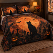 Halloween Black Cat Moon Quilt Set: angled bedroom view showing the quilt artwork and coordinating shams