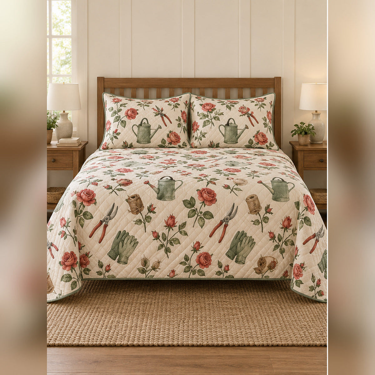 Rose Gardener Tools Quilt Set, front rose garden bedroom view