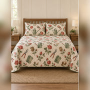Rose Gardener Tools Quilt Set, front rose garden bedroom view