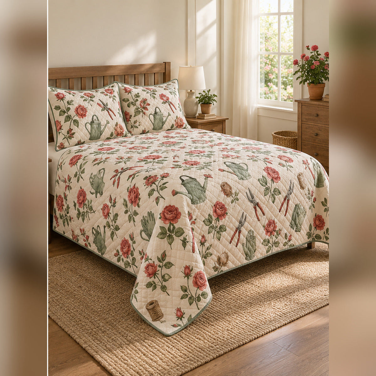Rose Gardener Tools Quilt Set, angled rose garden bedroom view