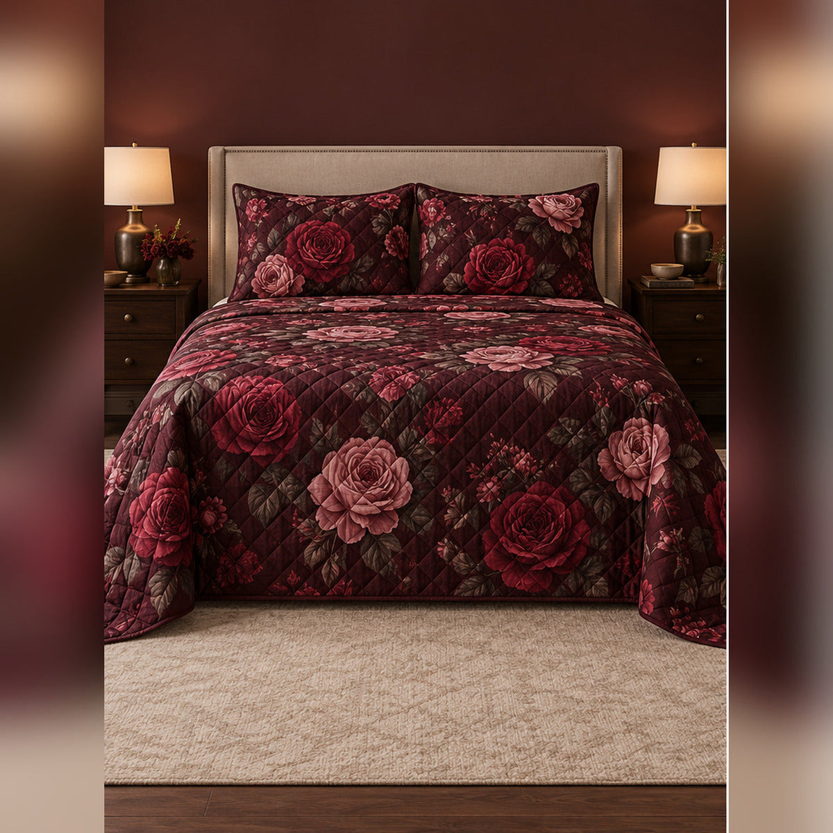 Burgundy Midnight Rose Quilt Set, front rose garden bedroom view