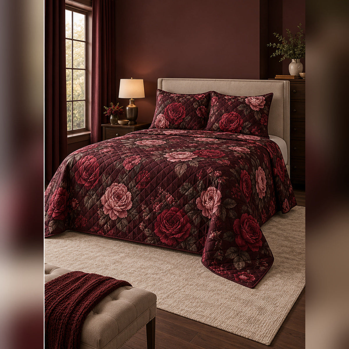 Burgundy Midnight Rose Quilt Set, angled rose garden bedroom view