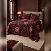 Burgundy Midnight Rose Quilt Set, angled rose garden bedroom view
