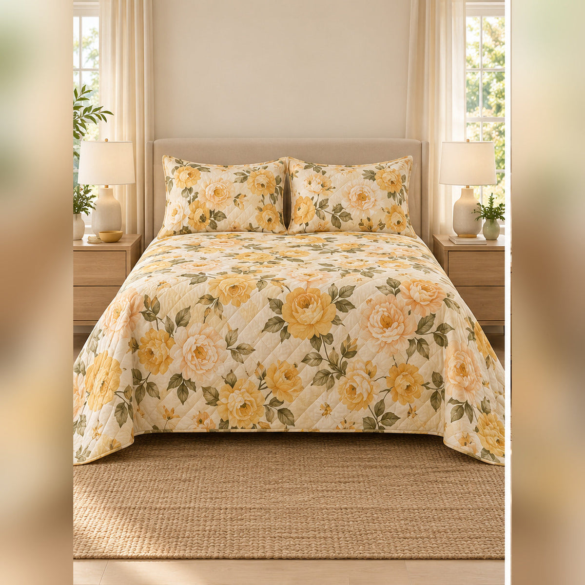 Golden Wild Rose Quilt Set, front rose garden bedroom view