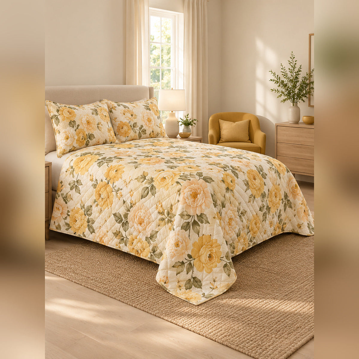 Golden Wild Rose Quilt Set, angled rose garden bedroom view