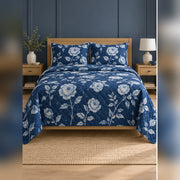 Indigo Rose Cyanotype Quilt Set, front rose garden bedroom view
