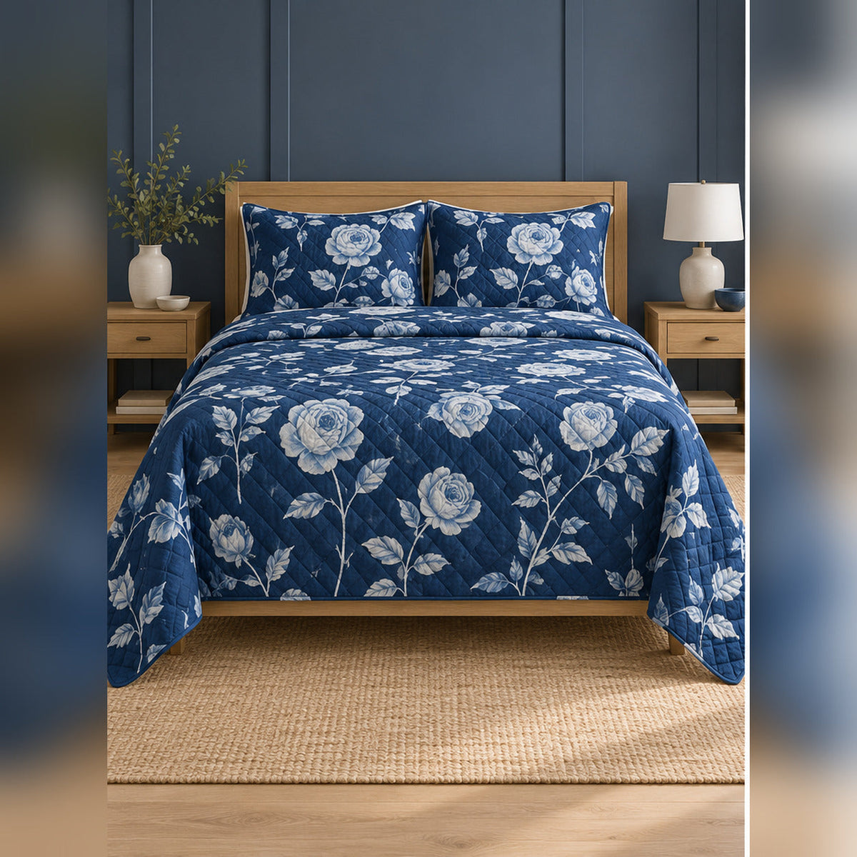 Indigo Rose Cyanotype Quilt Set, front rose garden bedroom view