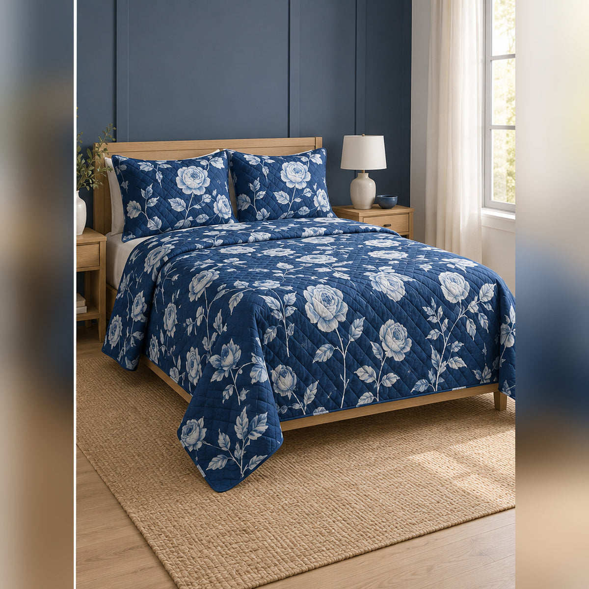 Indigo Rose Cyanotype Quilt Set, angled rose garden bedroom view