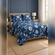 Indigo Rose Cyanotype Quilt Set, angled rose garden bedroom view