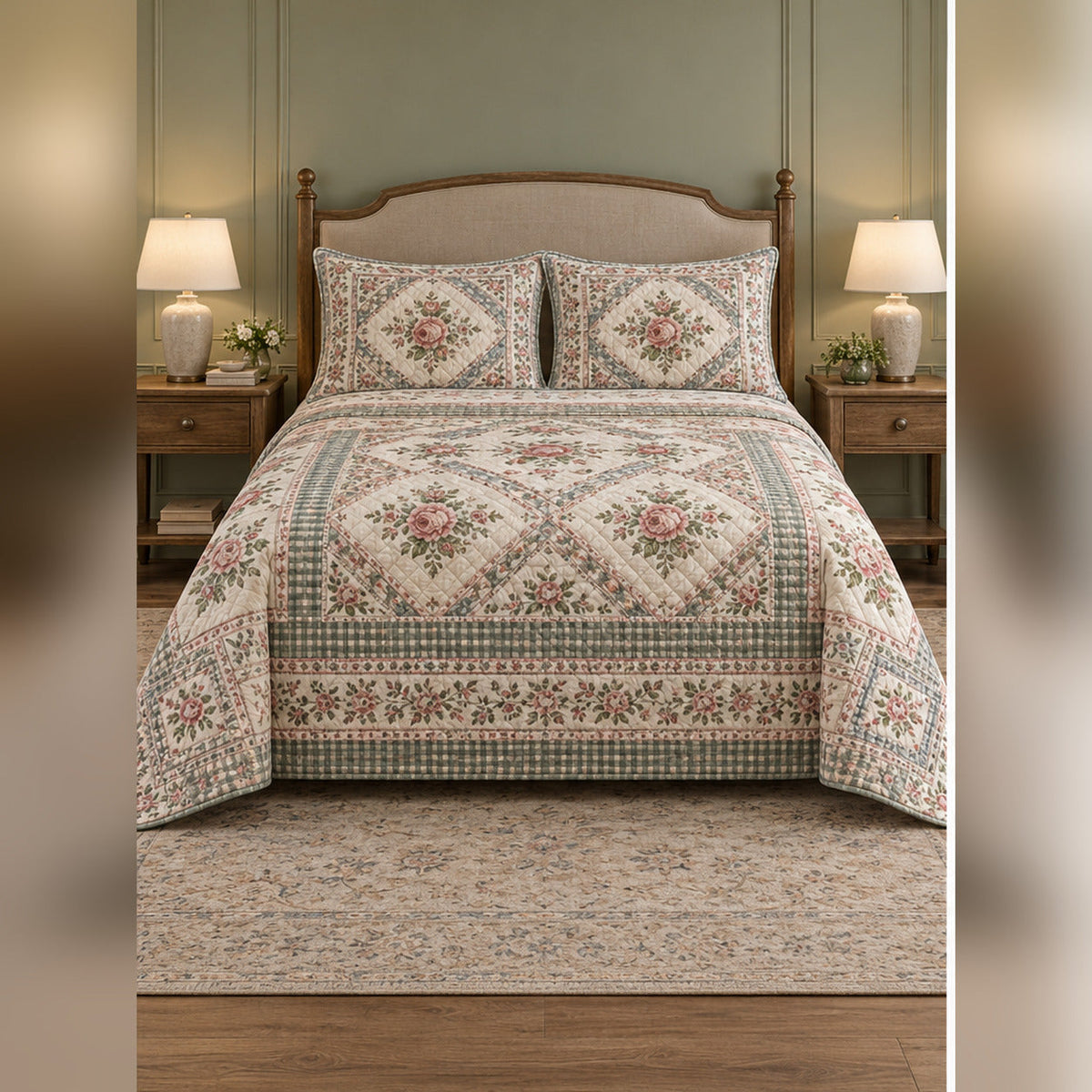 Heirloom Rose Medallion Print Quilt Set, front rose garden bedroom view