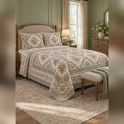 Heirloom Rose Medallion Print Quilt Set, angled rose garden bedroom view