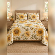 Golden Watercolor Sunflower Quilt Set, front sunflower bedroom view