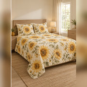 Golden Watercolor Sunflower Quilt Set, angled sunflower bedroom view