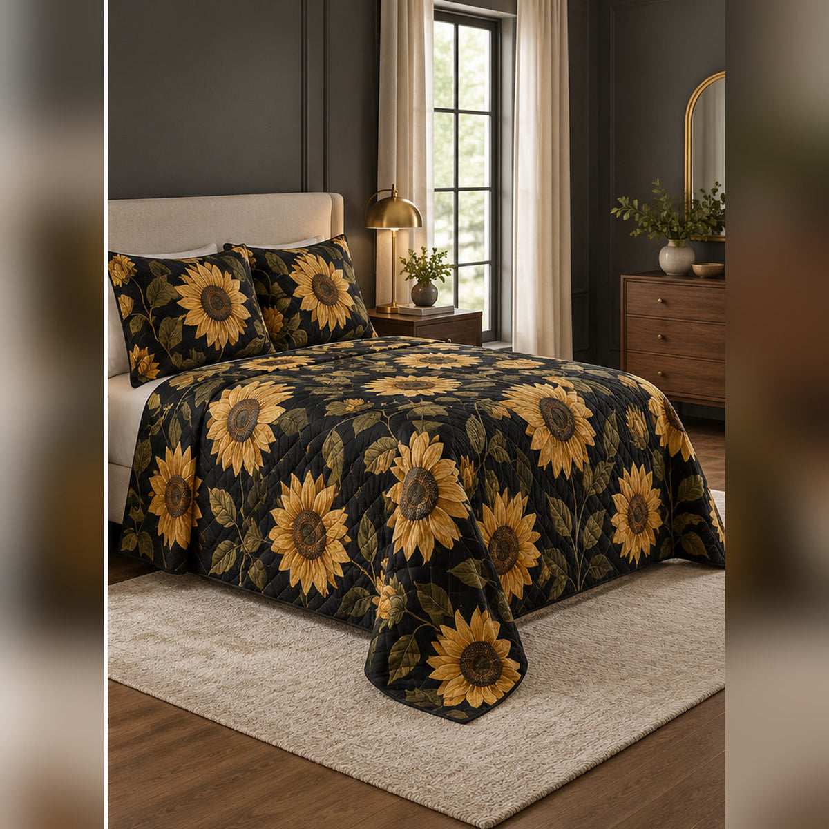 Black and Gold Sunflower Quilt Set, angled sunflower bedroom view