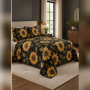 Black and Gold Sunflower Quilt Set, angled sunflower bedroom view