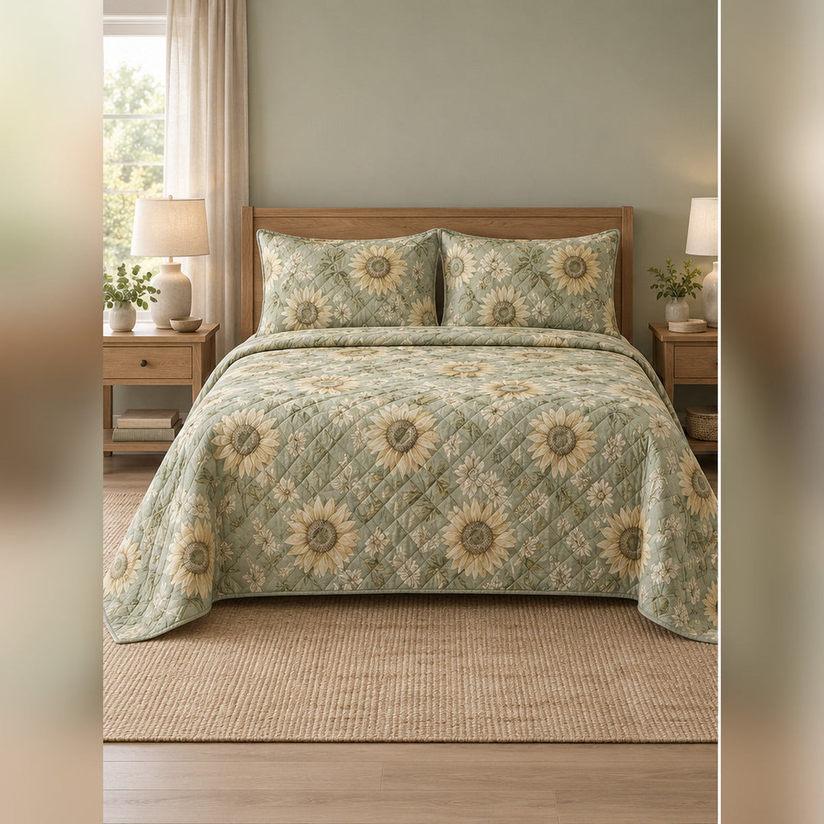 Sage Heirloom Sunflower Quilt Set, front sunflower bedroom view