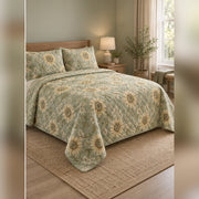 Sage Heirloom Sunflower Quilt Set, angled sunflower bedroom view