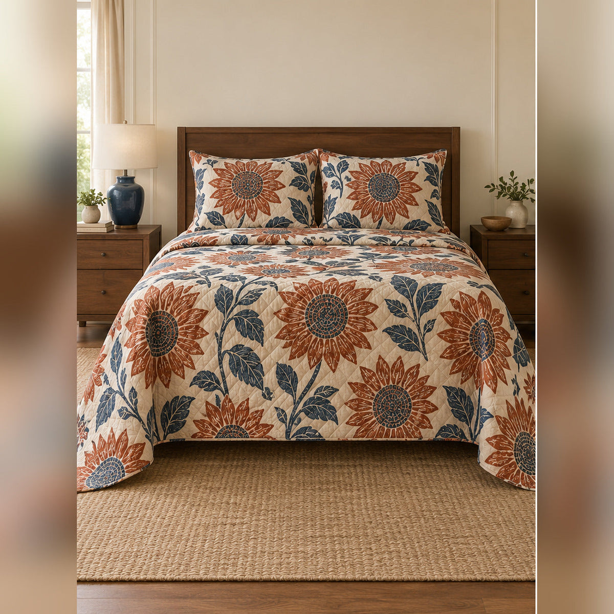 Terracotta Woodblock Sunflower Quilt Set, front sunflower bedroom view