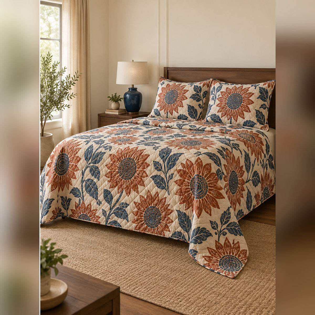 Terracotta Woodblock Sunflower Quilt Set, angled sunflower bedroom view