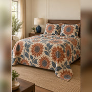 Terracotta Woodblock Sunflower Quilt Set, angled sunflower bedroom view