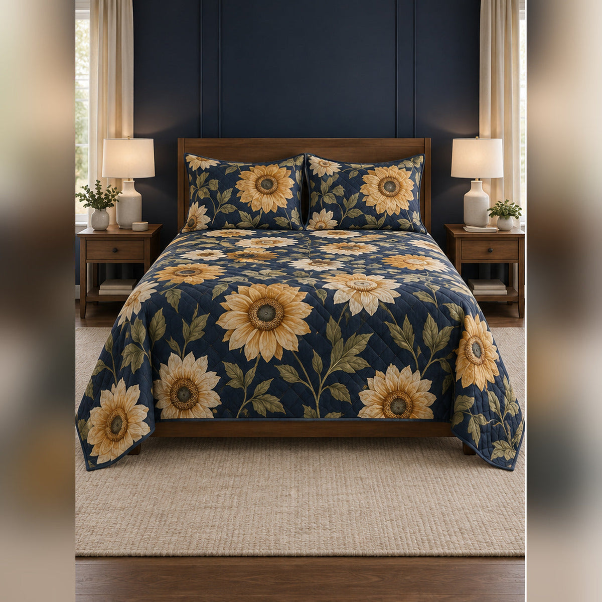 Navy Sunflower Garden Quilt Set, front sunflower bedroom view