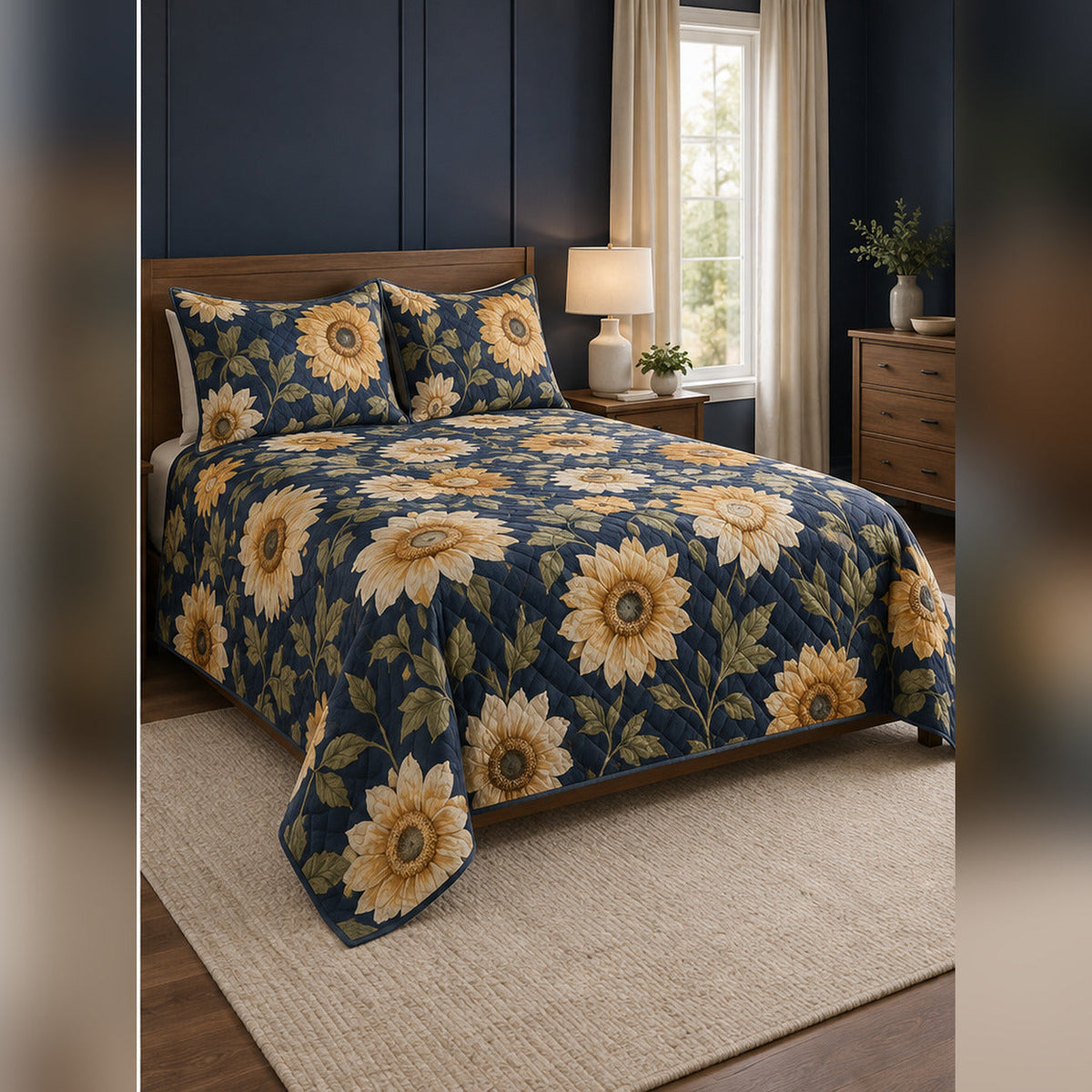Navy Sunflower Garden Quilt Set, angled sunflower bedroom view