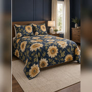 Navy Sunflower Garden Quilt Set, angled sunflower bedroom view