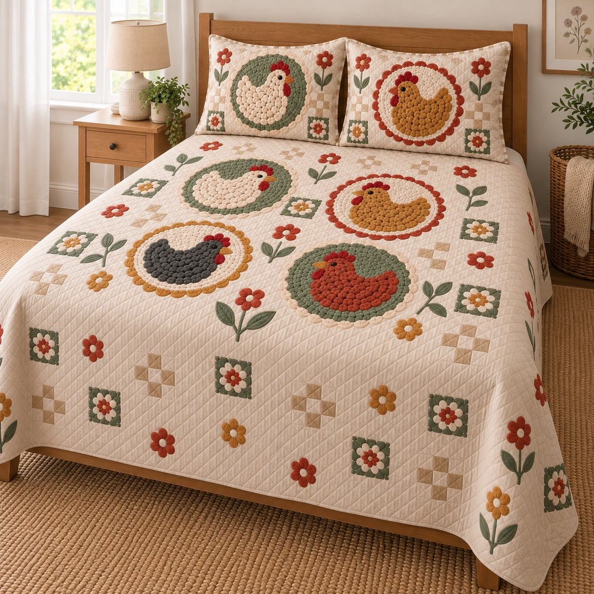 Crochet Hen Medallion Patchwork Quilt Set, angled Hen bedroom view