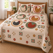 Crochet Hen Medallion Patchwork Quilt Set, angled Hen bedroom view