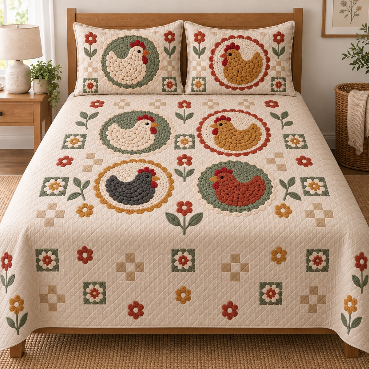 Crochet Hen Medallion Patchwork Quilt Set, front Hen bedroom view