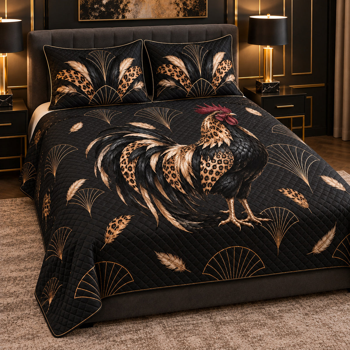 Glam Leopard Rooster Quilt Set, angled rooster bedroom view