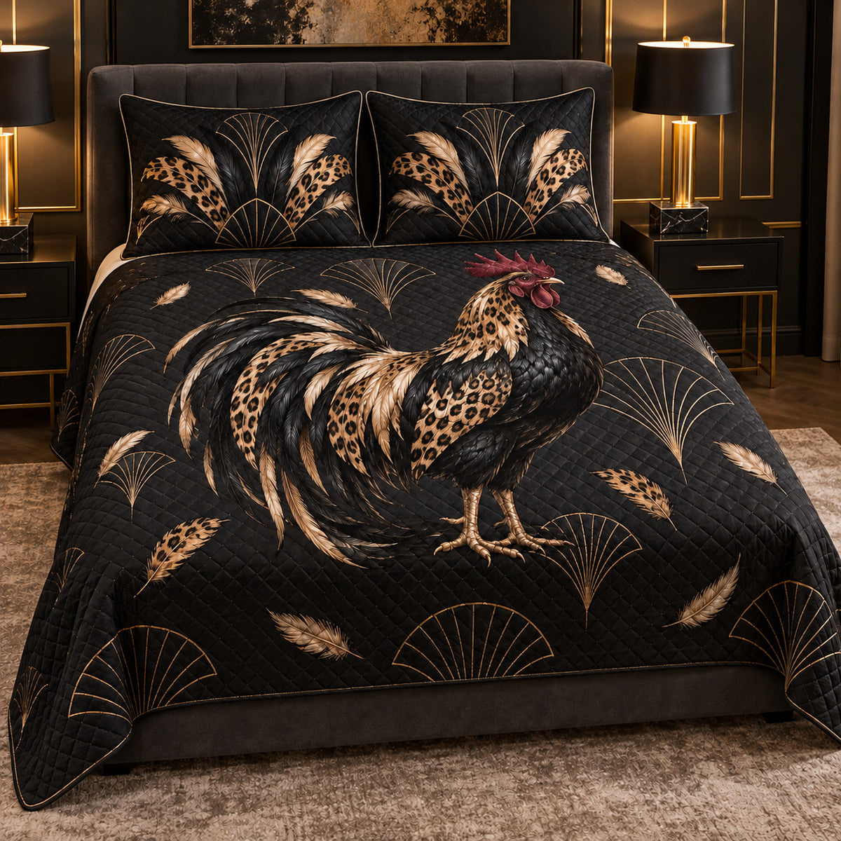 Glam Leopard Rooster Quilt Set, front rooster bedroom view