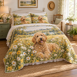 Golden Meadow Doodle Goldendoodle Cottage Floral Quilt Set