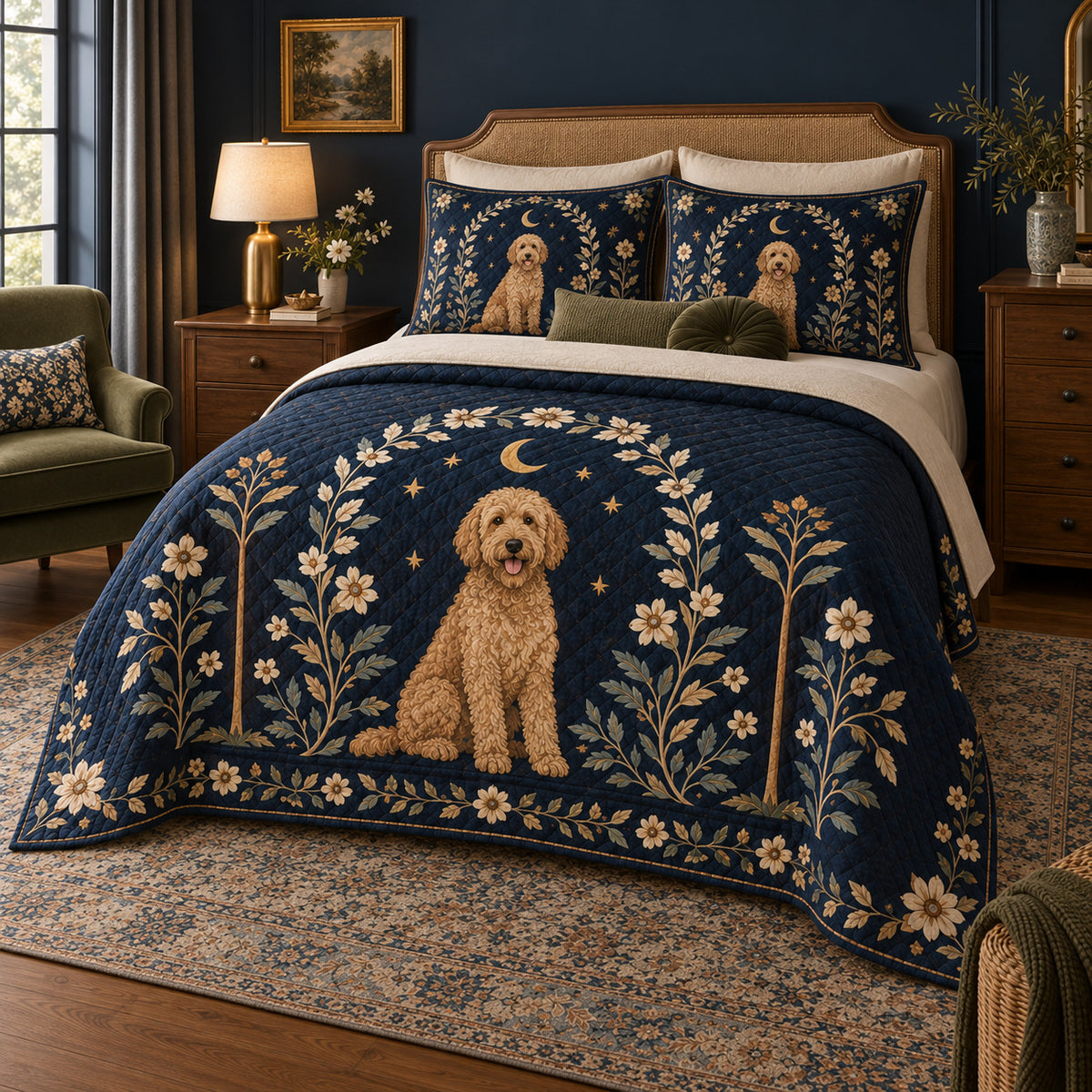 A golden curly goldendoodle sits beneath a cream folk floral arch on a deep navy ground with a small star-like pattern on a quilt set with two matching shams, angled view.