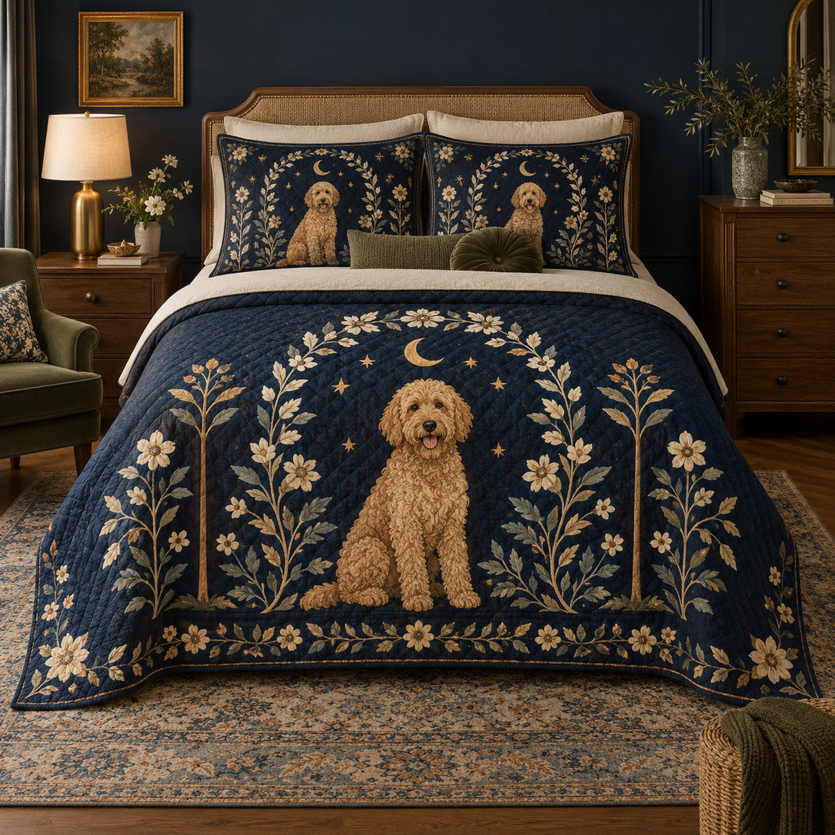 A golden curly goldendoodle sits beneath a cream folk floral arch on a deep navy ground with a small star-like pattern on a quilt set with two matching shams, front view.