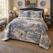 Orchard Path Toile Goldendoodle Country Toile Quilt Set, angled goldendoodle country toile bedroom view