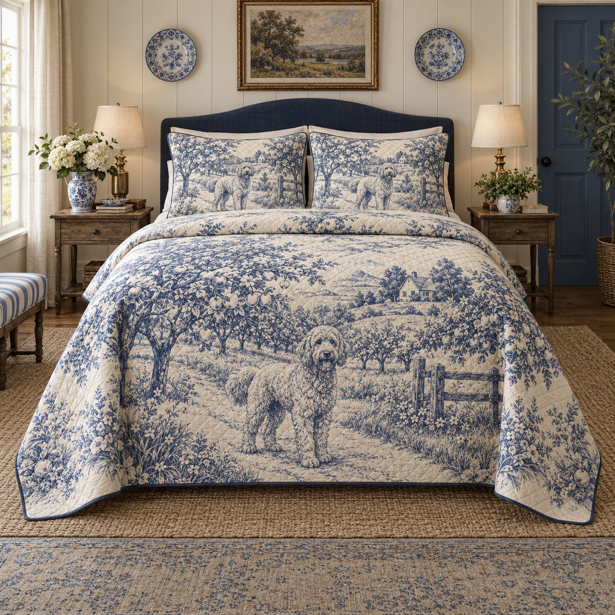 Orchard Path Toile Goldendoodle Country Toile Quilt Set