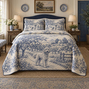 Orchard Path Toile Goldendoodle Country Toile Quilt Set, front goldendoodle country toile bedroom view