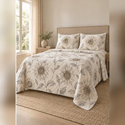 Neutral Sunflower Line Art Quilt Set, angled sunflower bedroom view