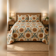 Sunflower Seed Head Geometric Quilt Set, front sunflower bedroom view
