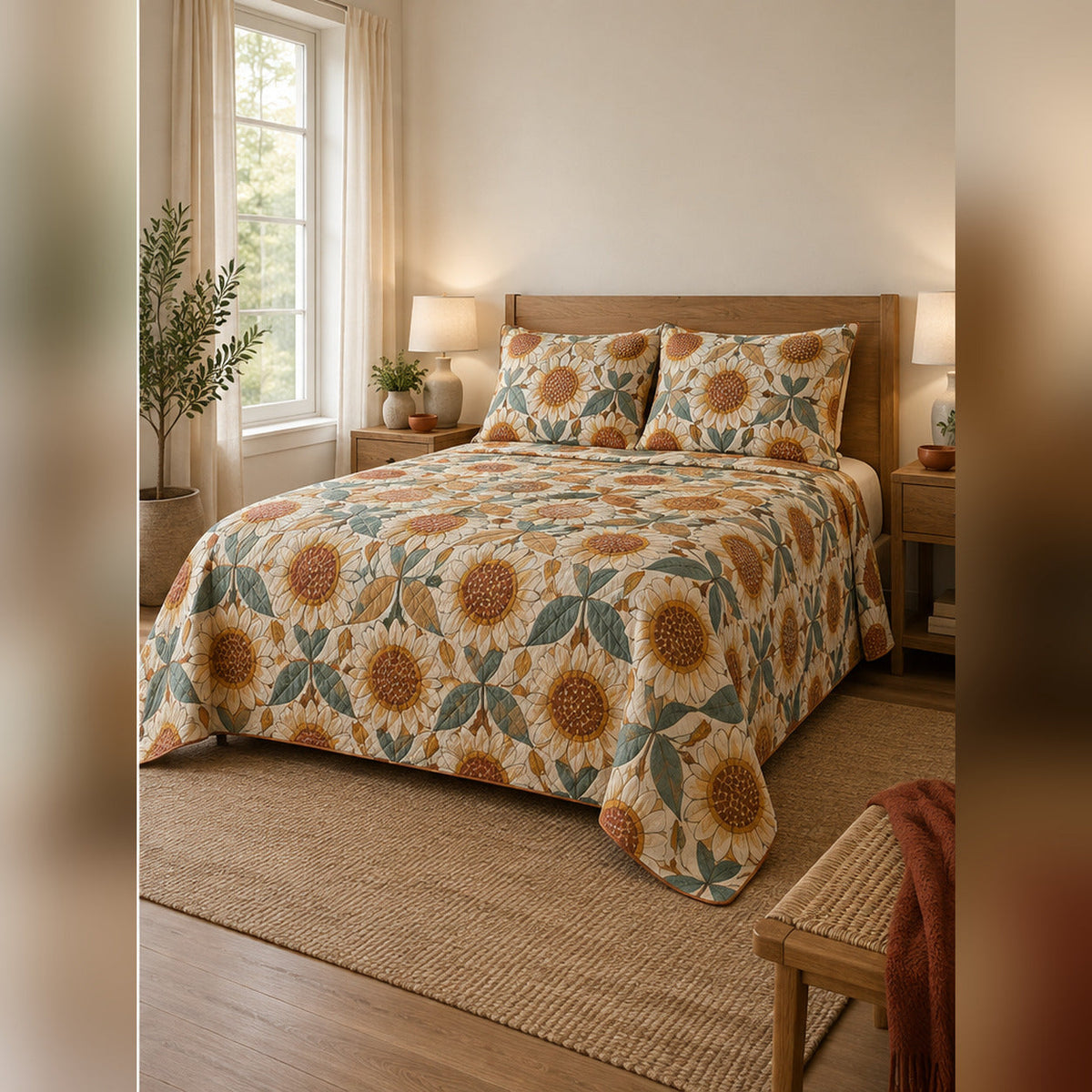 Sunflower Seed Head Geometric Quilt Set, angled sunflower bedroom view