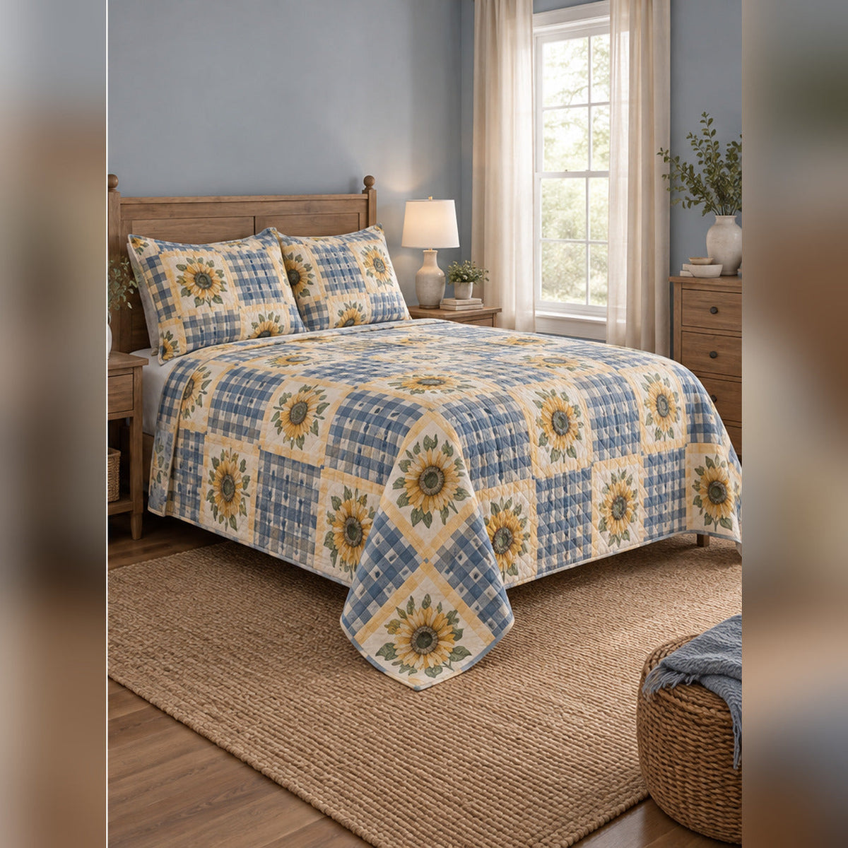 Farmhouse Sunflower Check Quilt Set, angled sunflower bedroom view