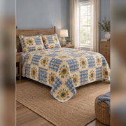 Farmhouse Sunflower Check Quilt Set, angled sunflower bedroom view